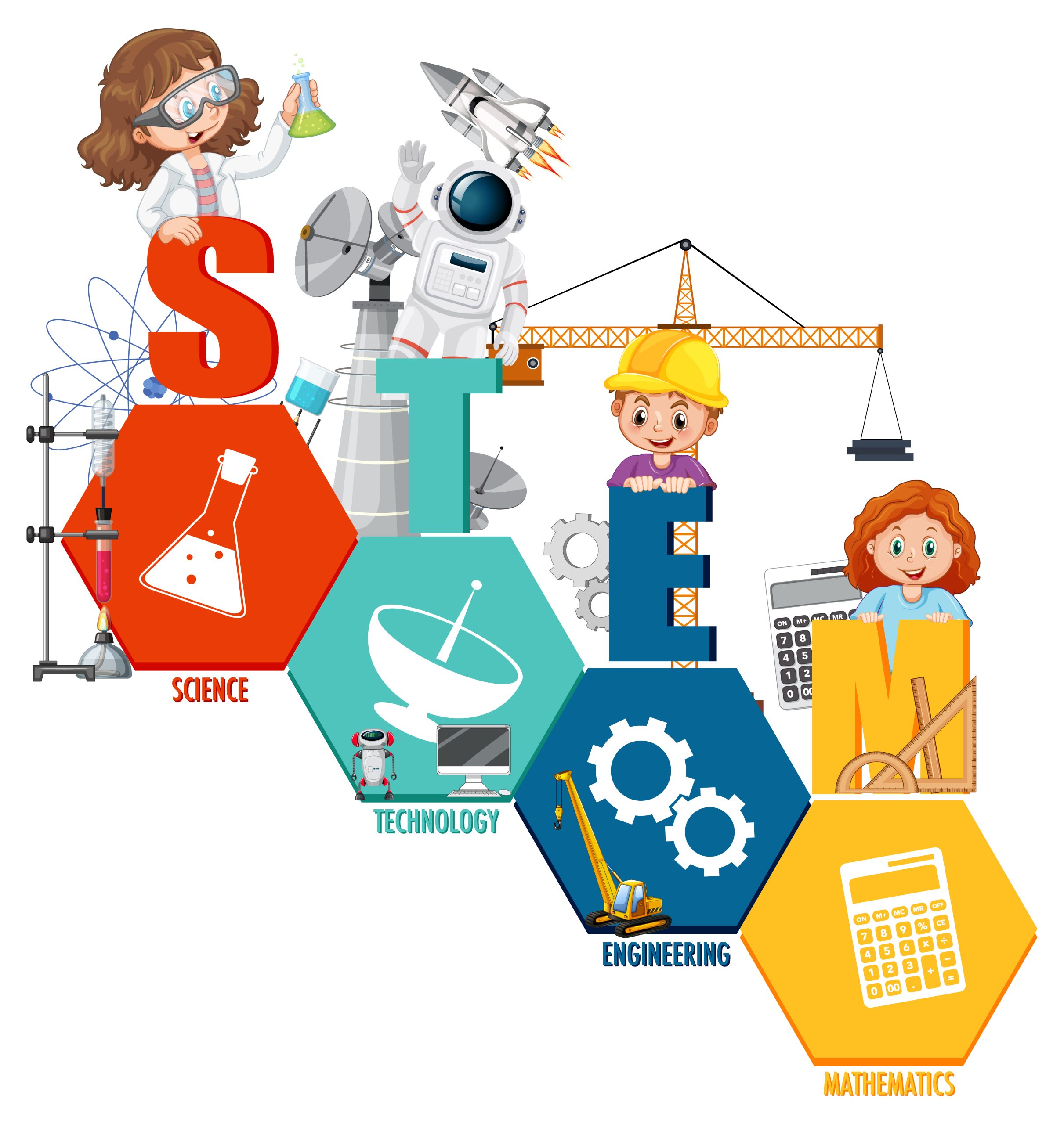 STEM education logo with scientist kid cartoon character illustration